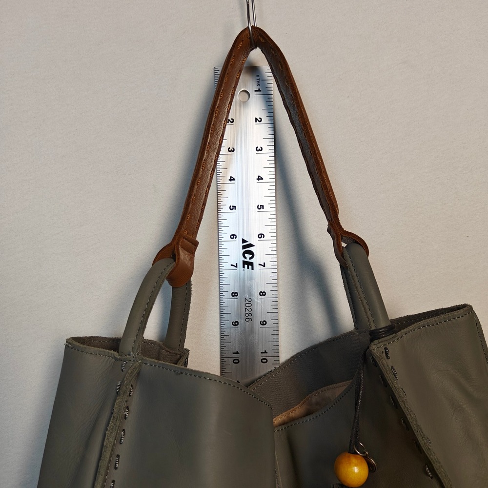 The Sak Grey Leather Tote Bag Whipstitch Hobo Shoulder Bag with Tassel Charm - Picture 6 of 8